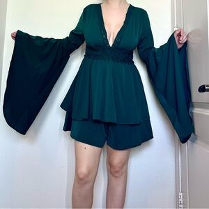 Forest green fairy core romper with big whimsical sleeves
